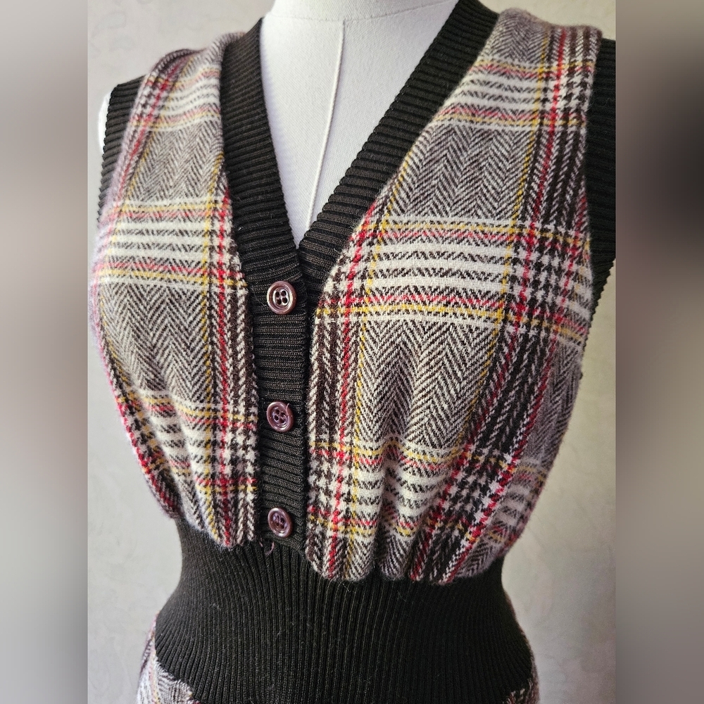 Vintage Brown Plaid Sweater Mini Dress Cinched Waist Pullover - Picture 3 of 8